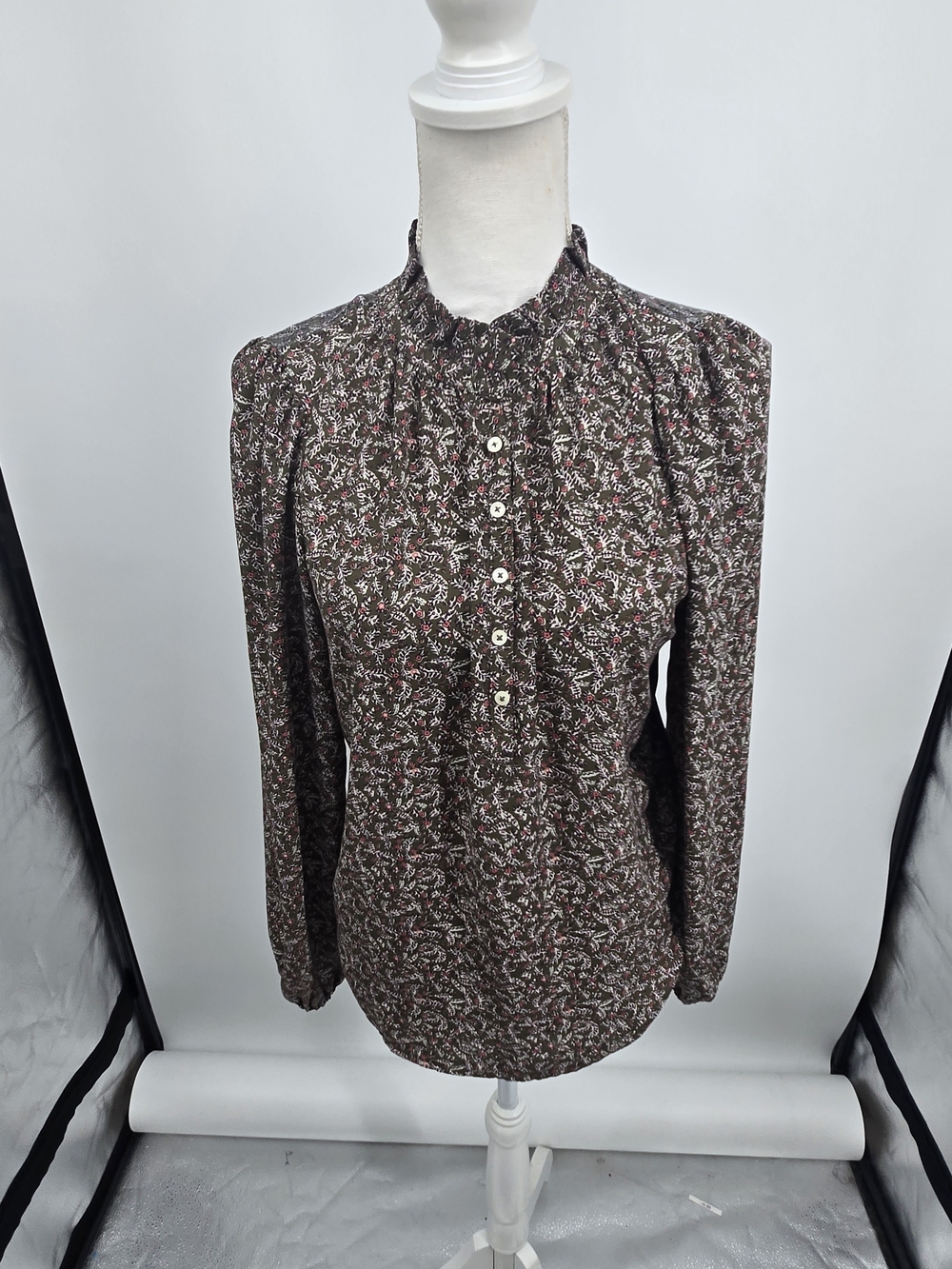 LOFT Brown Floral Ruffle-Neck Button Front Blouse Small (8709)